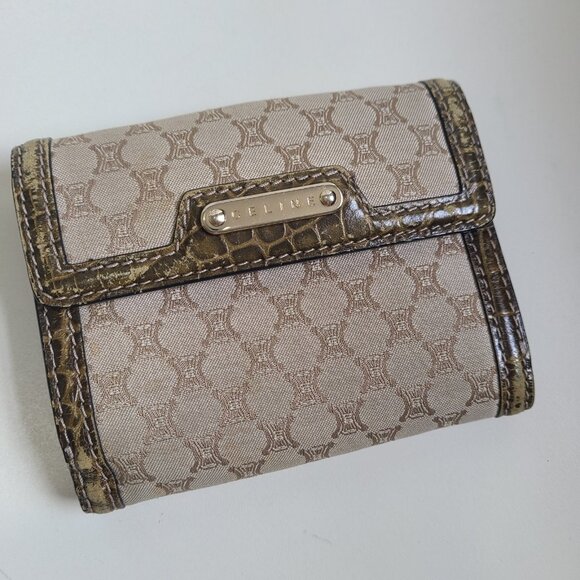 Celine Trimophe Bi-fold Wallet Beige Green Canvas Leather